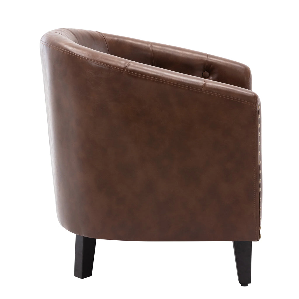 Brown PU leather tufted barrel chair with nailhead trim by eprolo