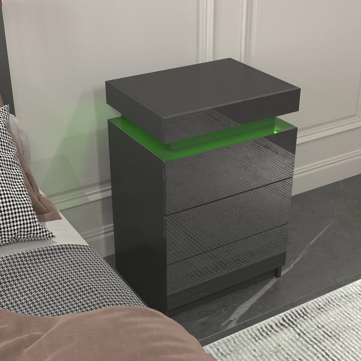 Modern black LED nightstand with multi-colour ambient lighting for bedroom decor by eprolo