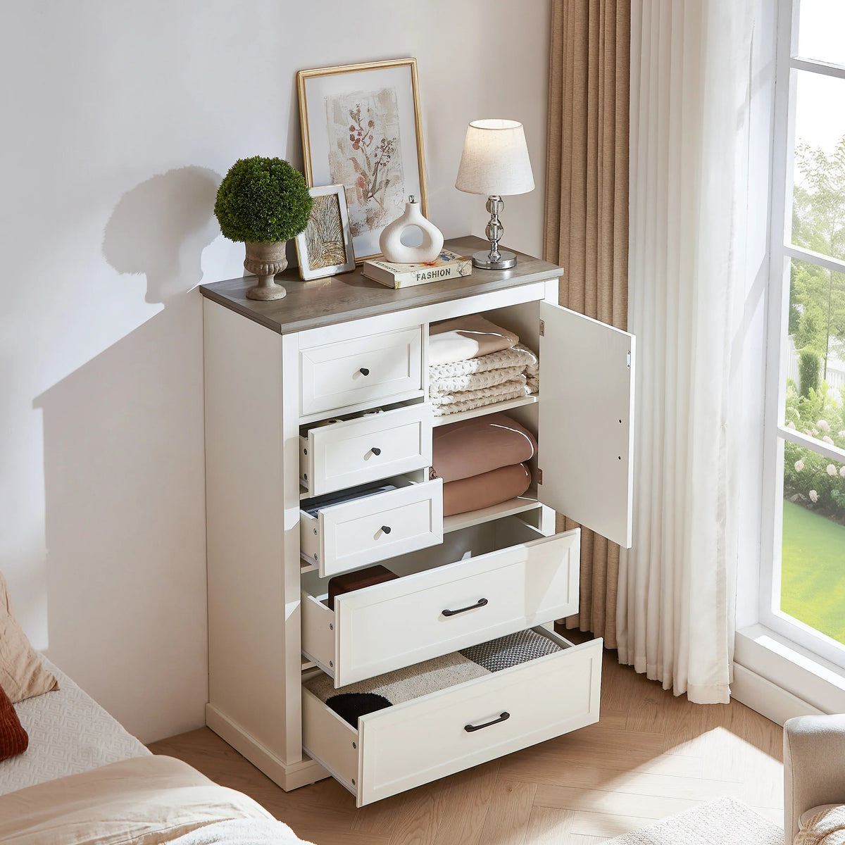 White wooden 5 drawer farmhouse bedroom dressing table by eprolo with open storage drawers.