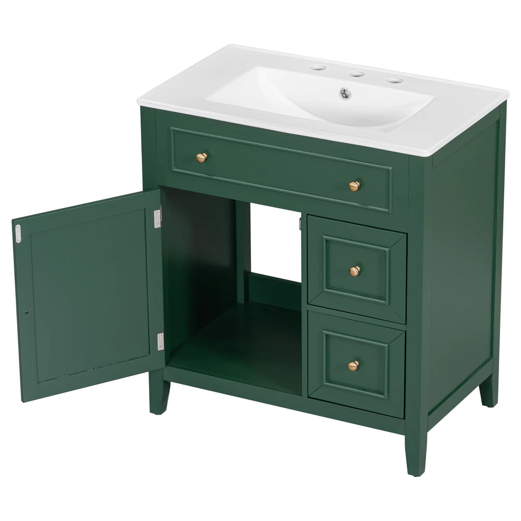 eprolo 30 inch green bathroom vanity with white sink top, cabinet door, and two drawers