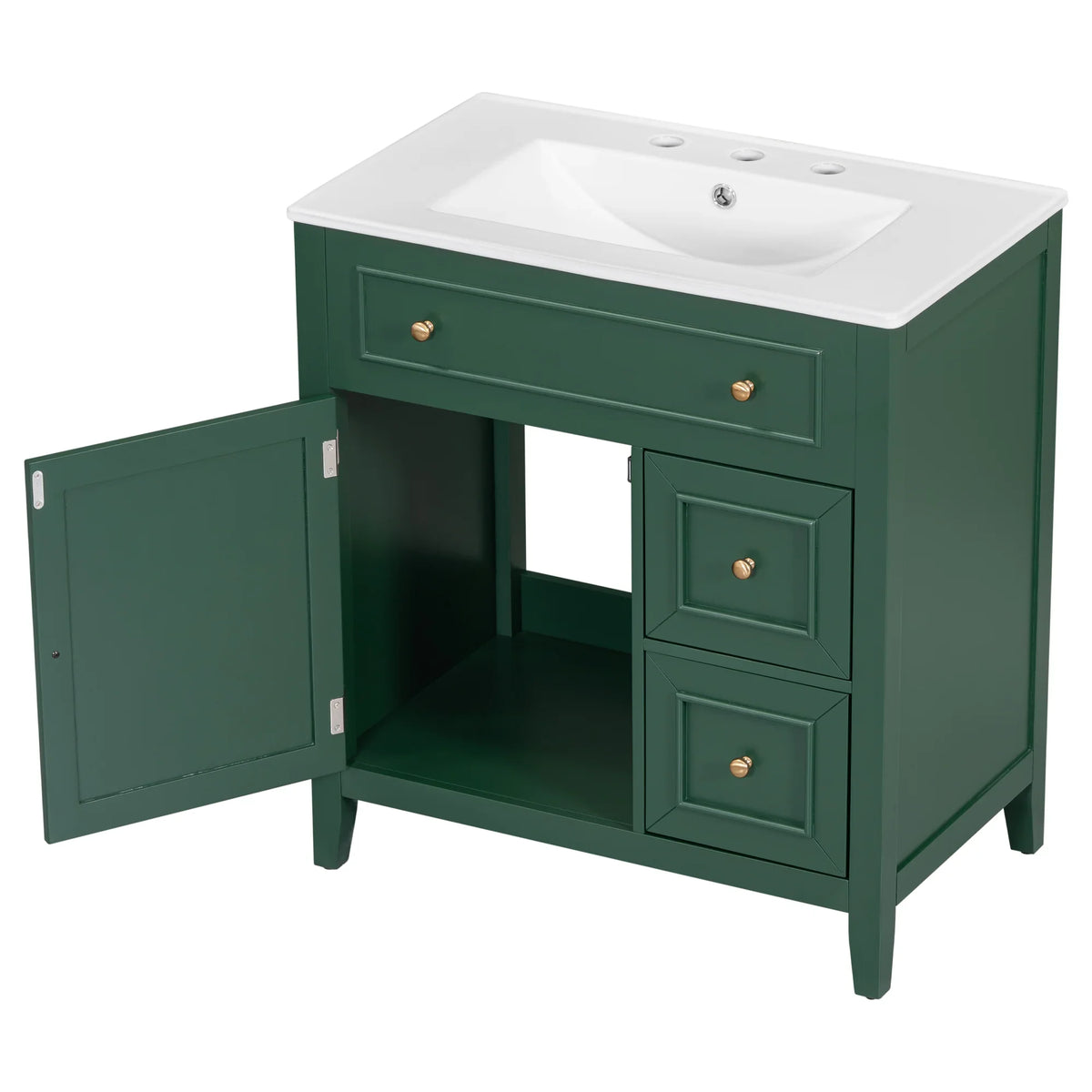 eprolo 30 inch green bathroom vanity with white sink top, cabinet door, and two drawers