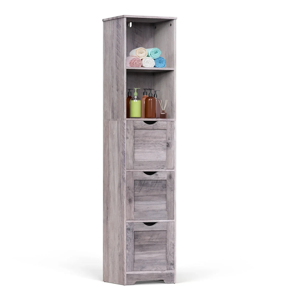 eprolo grey tall narrow bathroom storage cabinet with 3 drawers and 2 open shelves.