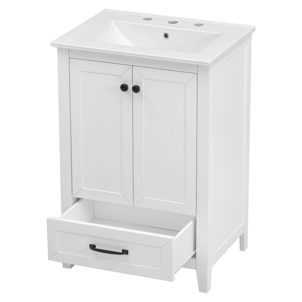 eprolo 24-inch white bathroom vanity with sink, cabinet doors, and open drawer