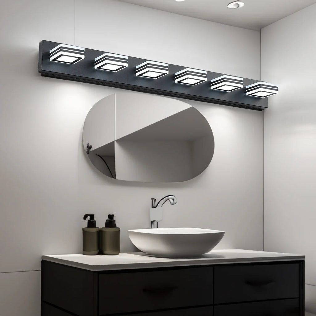 eprolo LED modern black bathroom vanity light with 6 acrylic lights over a round mirror