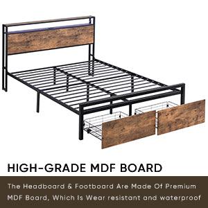 eProlo LED platform bed with storage headboard and wooden drawers on black metal frame