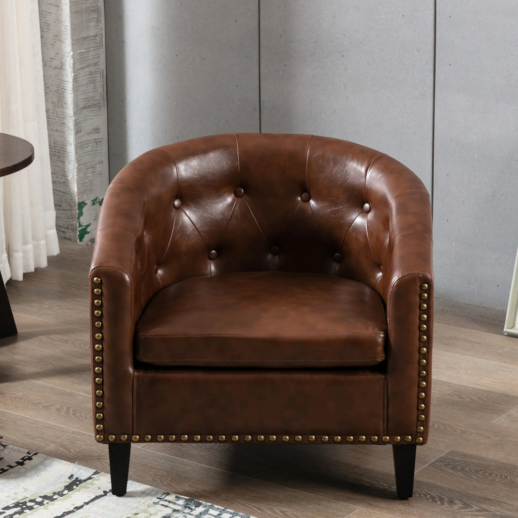 Brown PU leather tufted barrel chair with gold nailhead trim by eprolo