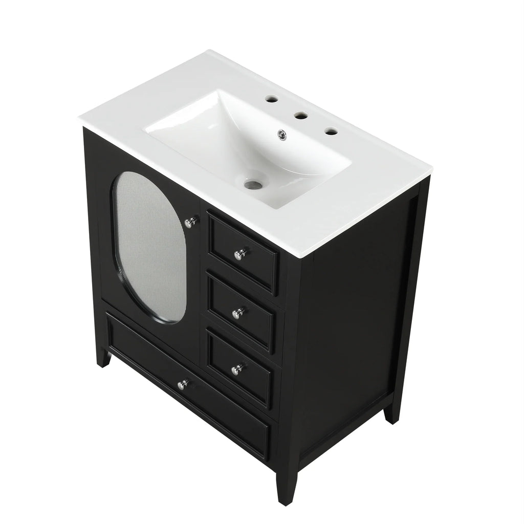 eprolo 30 inch black bathroom vanity with white sink and three drawers