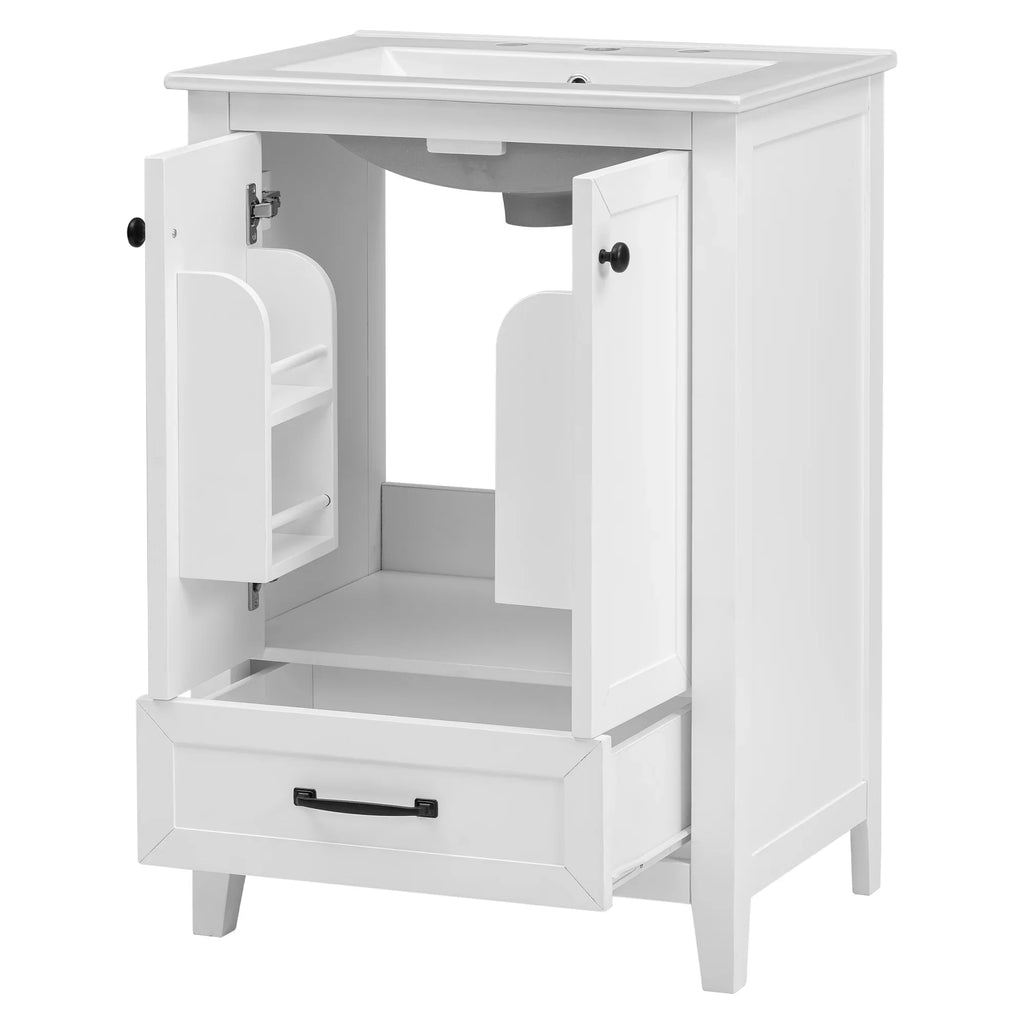 eprolo 24-inch white bathroom vanity cabinet with sink, open doors and extended drawer