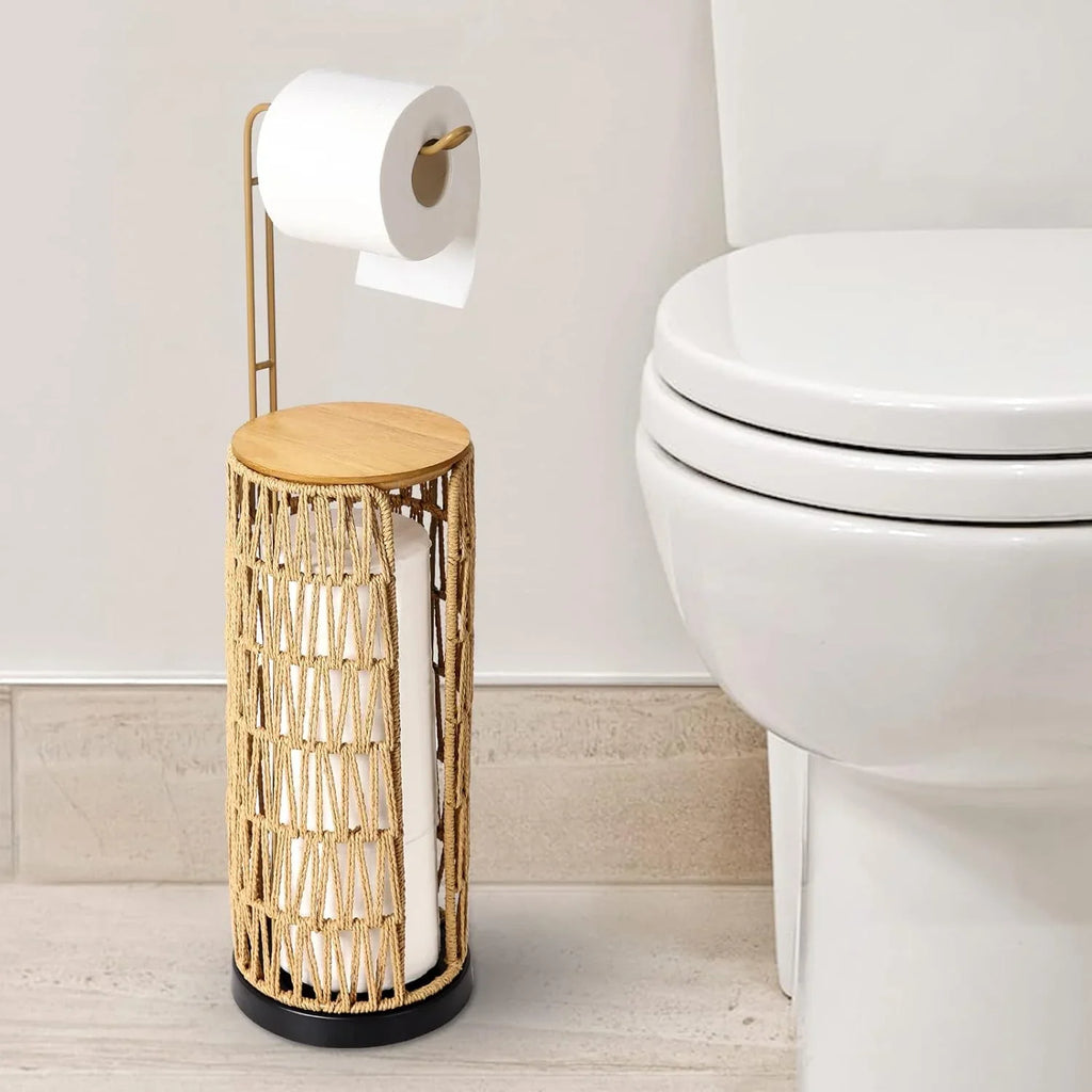 eprolo freestanding woven toilet paper holder with bamboo lid and storage for extra rolls