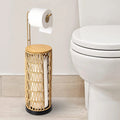 eprolo freestanding woven toilet paper holder with bamboo lid and storage for extra rolls