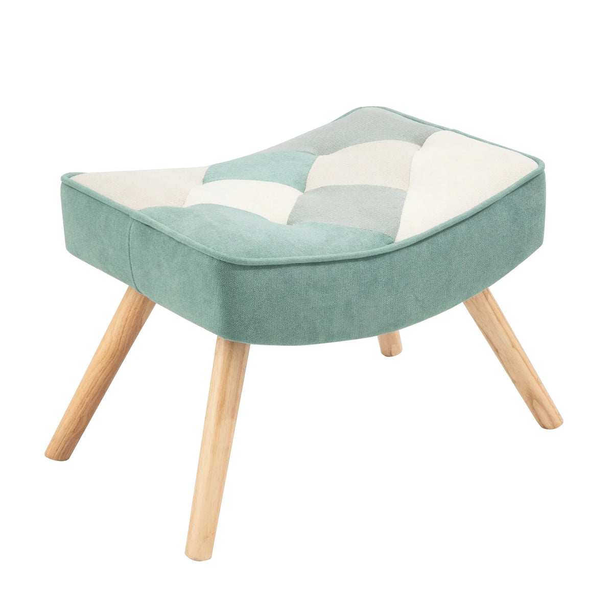 Mid-century fabric ottoman with teal and cream patchwork design and light wood legs by eprolo
