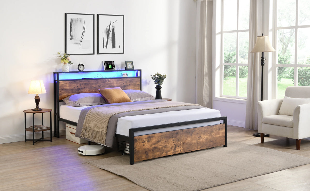 Eprolo LED platform bed with storage headboard and integrated charging station in a modern bedroom.