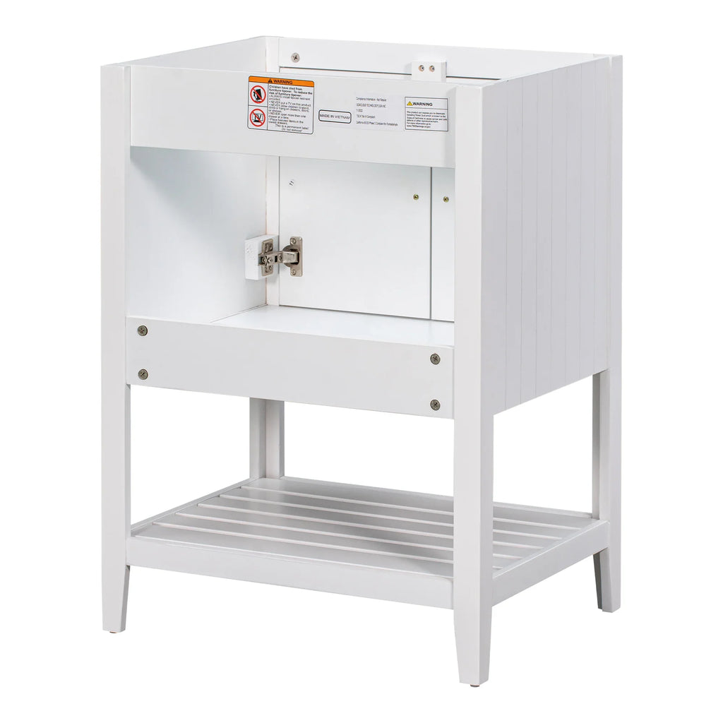 White 24 inch solid wood bathroom vanity base with doors and open slatted bottom shelf by eprolo