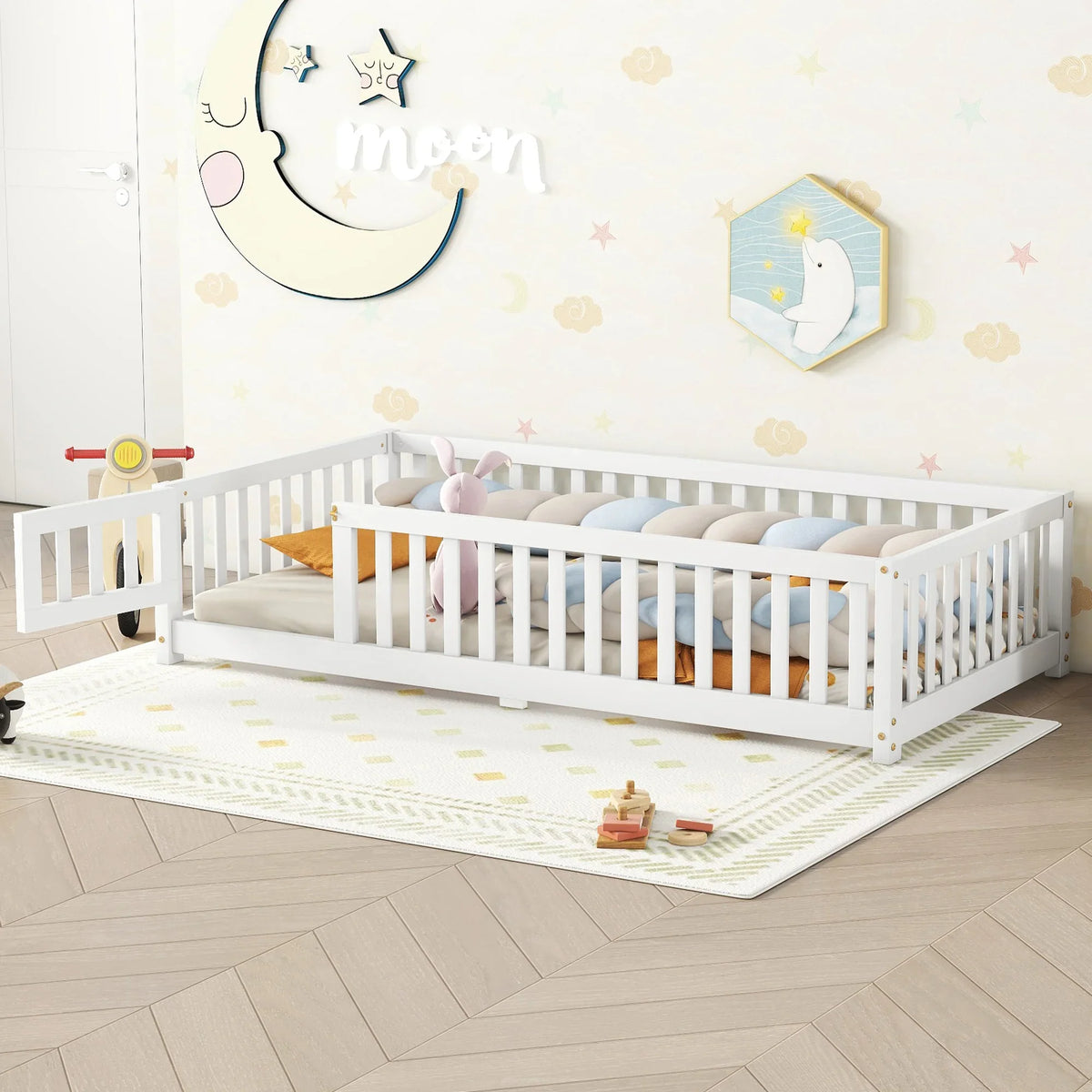 White eprolo twin size floor bed for kids with safety guardrails and side door in a nursery