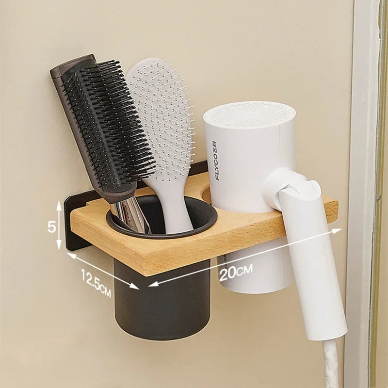 eprolo solid wood bathroom hair dryer storage rack with hairbrush holders