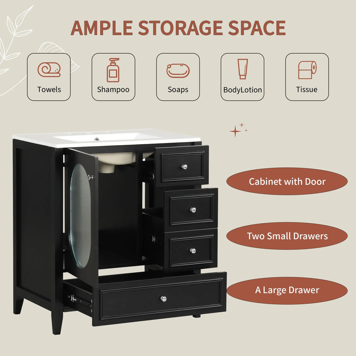 Black eprolo 30 inch bathroom vanity with sink, cabinet door, and three drawers for storage.