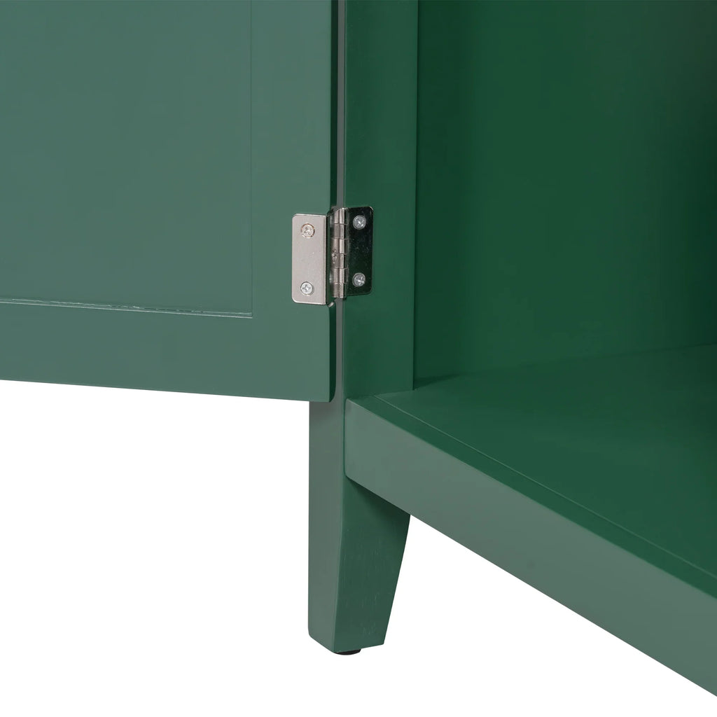 Close-up of a silver door hinge on a green eprolo bathroom vanity cabinet.