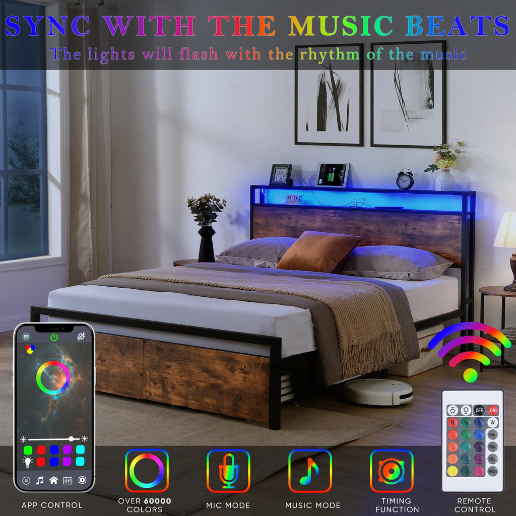 ePROLO LED platform bed with integrated storage headboard and colorful music sync lights.