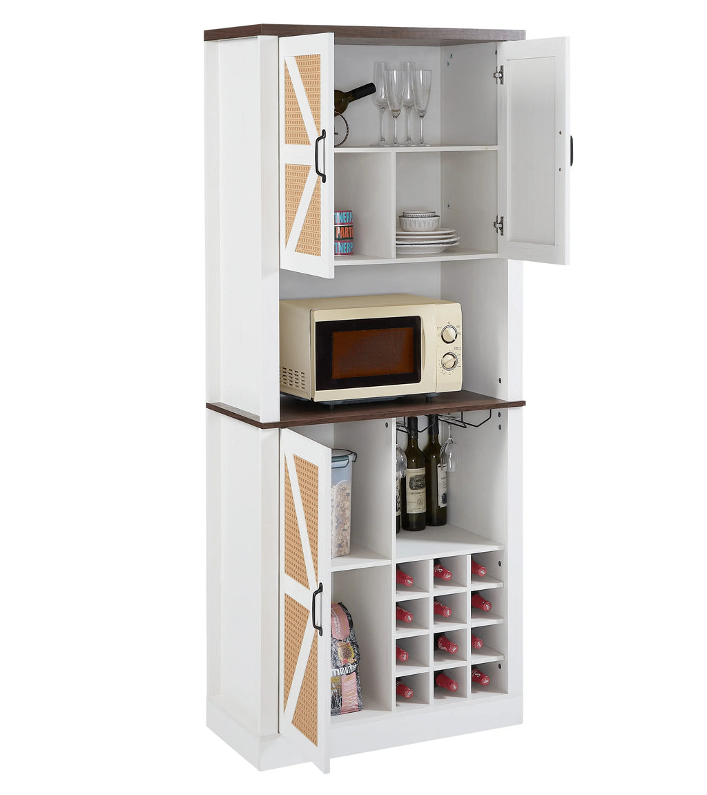 eprolo farmhouse white bar cabinet with faux rattan doors, microwave shelf and wine rack