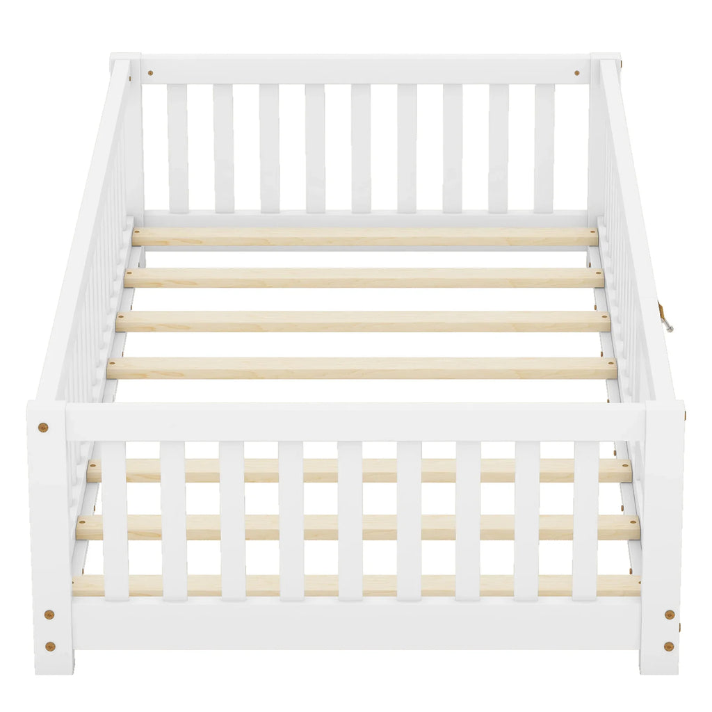White eprolo twin size kids floor bed with safety guardrails and wooden slats.