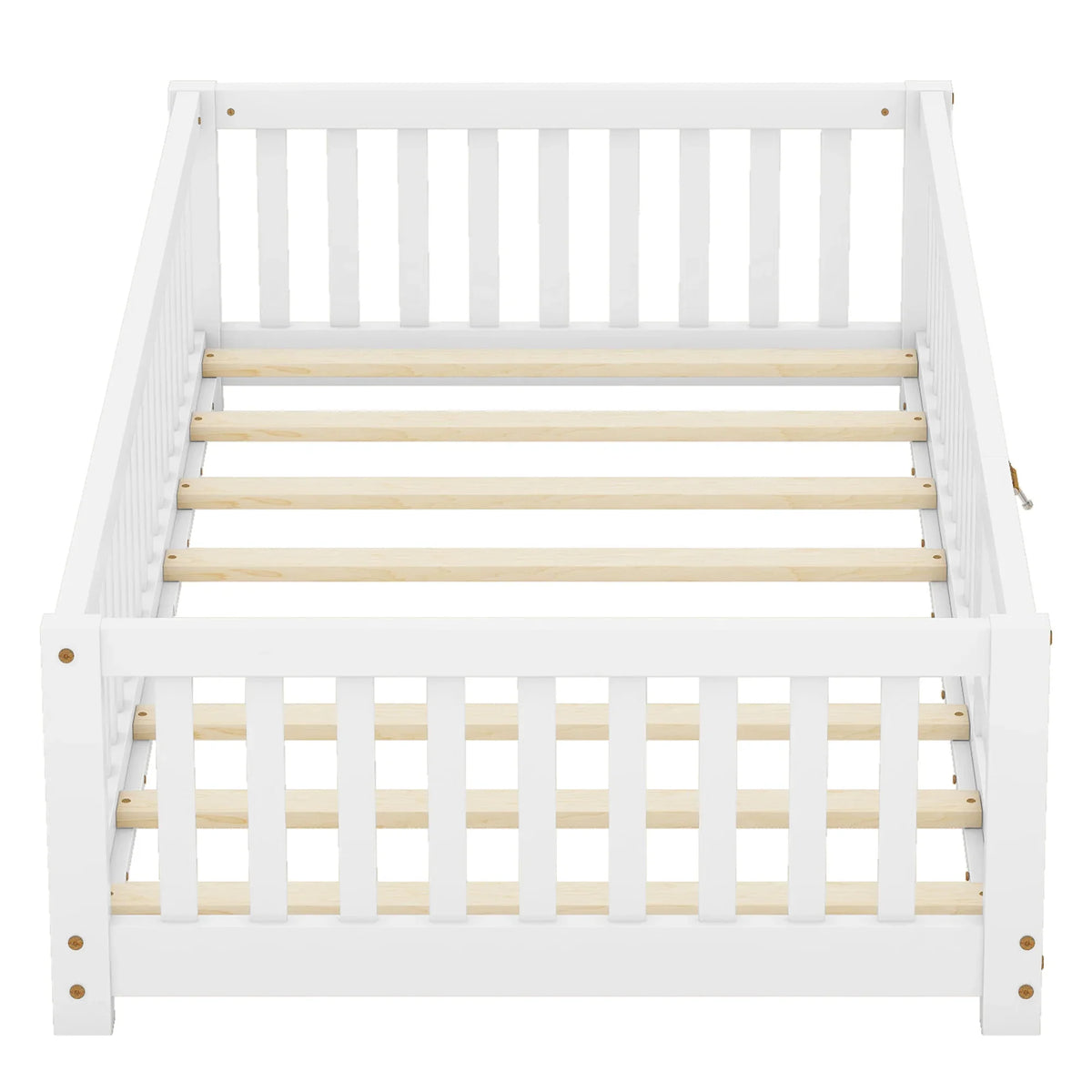 White eprolo twin size kids floor bed with safety guardrails and wooden slats.