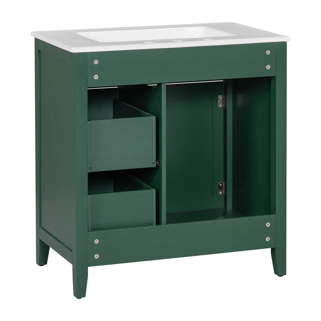 eprolo 30 inch green bathroom vanity with white sink top, cabinet door, and two drawers