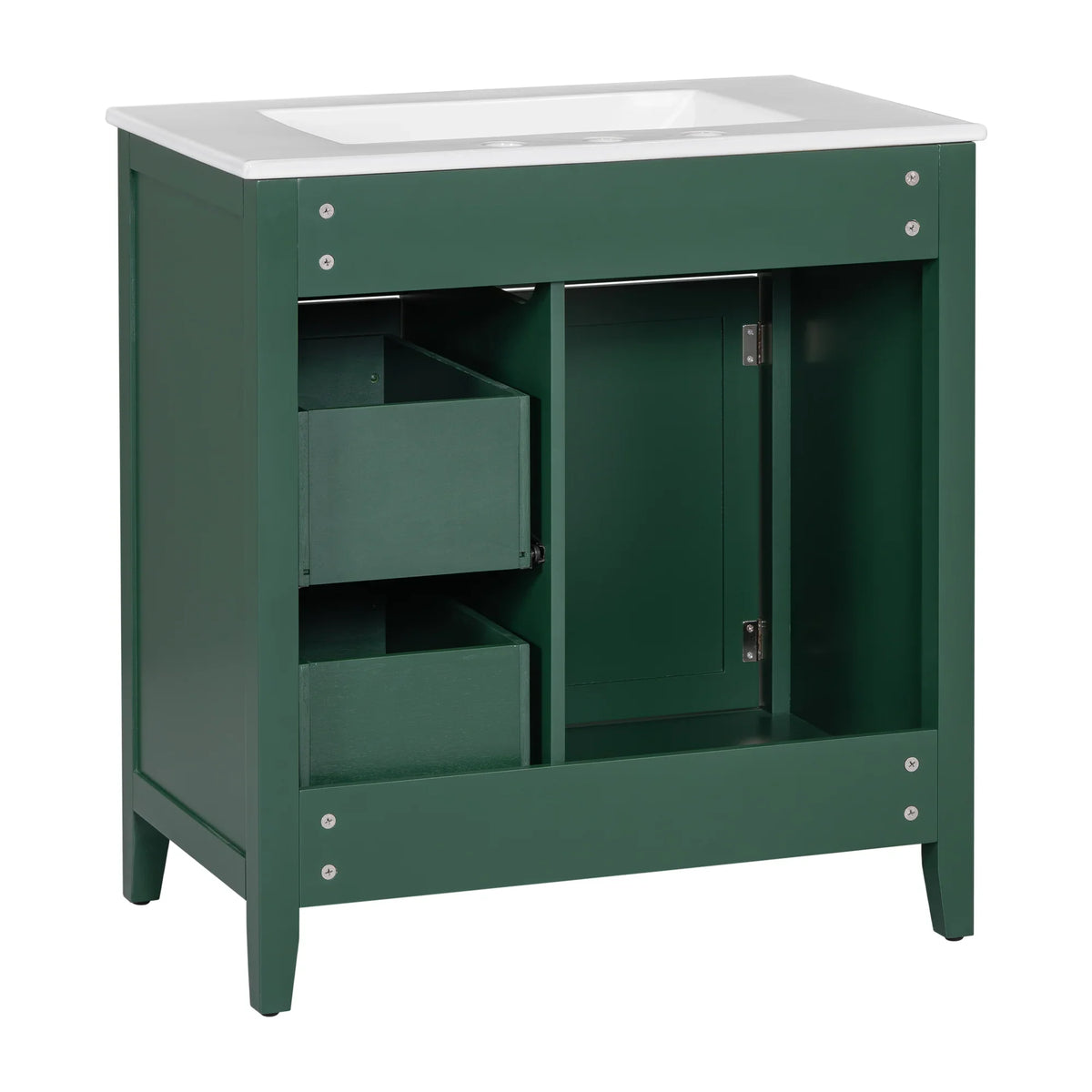 eprolo 30 inch green bathroom vanity with white sink top, cabinet door, and two drawers