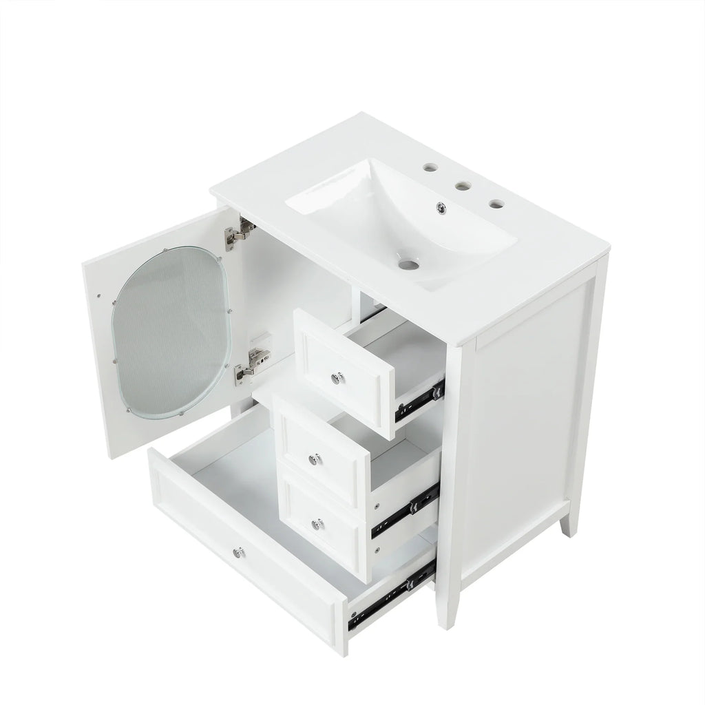 eprolo 30 inch white bathroom vanity with sink, open door, and three drawers