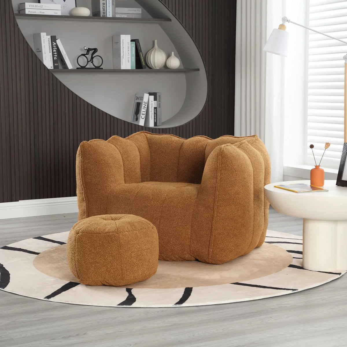 eprolo soft square bean bag chair with footstool in brown bouclé fabric on a patterned rug.