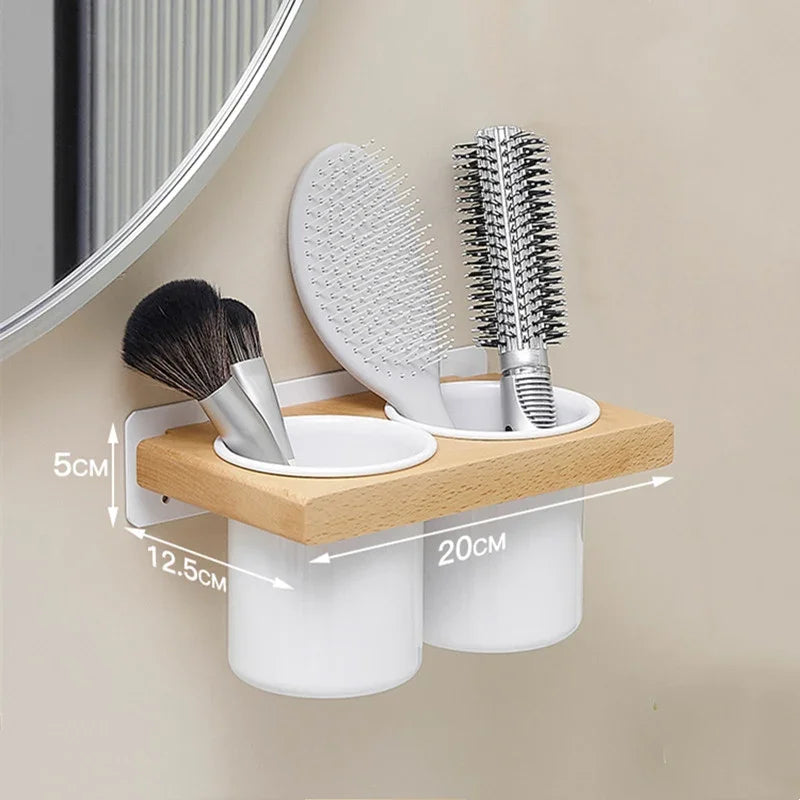 eprolo solid wood wall-mounted bathroom storage rack holding hairbrushes and a makeup brush