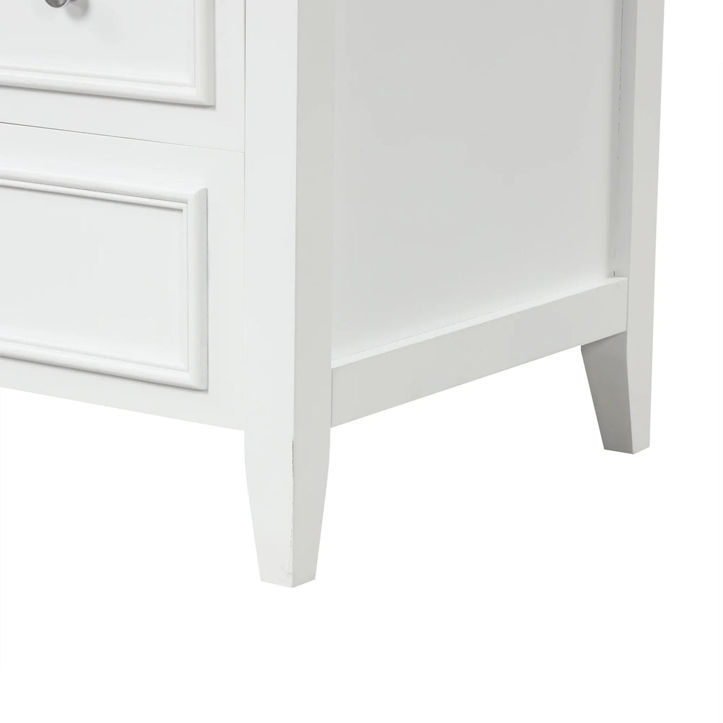 Close-up of the white eprolo bathroom vanity cabinet legs and drawer detailing.