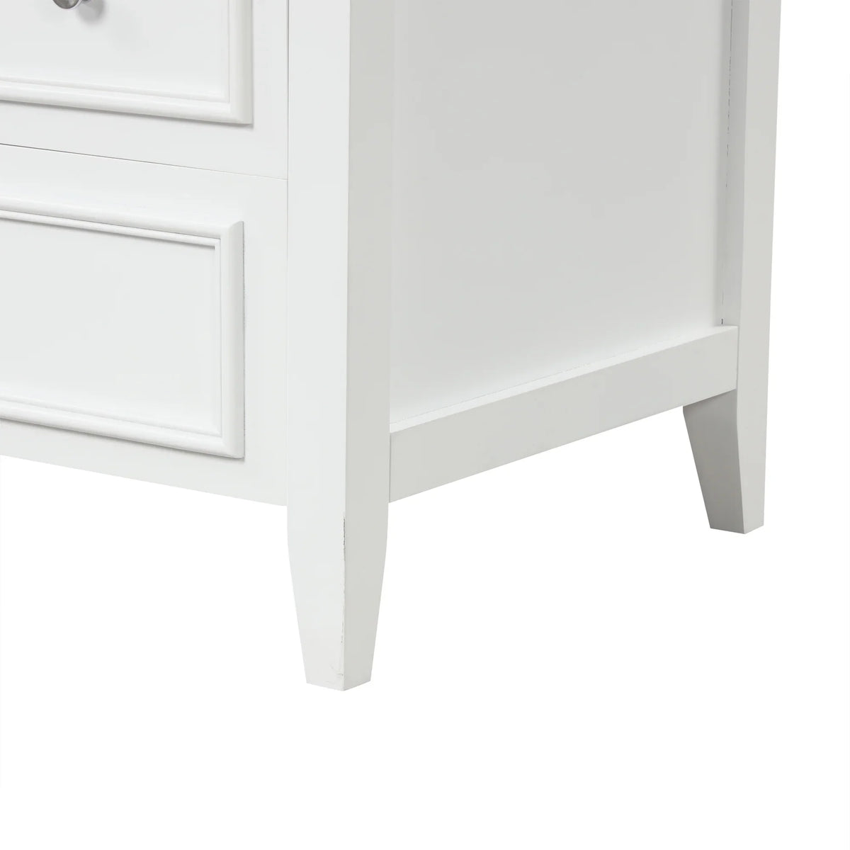 Close-up of the white eprolo bathroom vanity cabinet legs and drawer detailing.