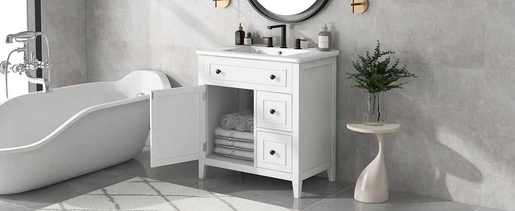 White 30 inch eprolo bathroom vanity with sink top, cabinet door, and two drawers in a modern bath.