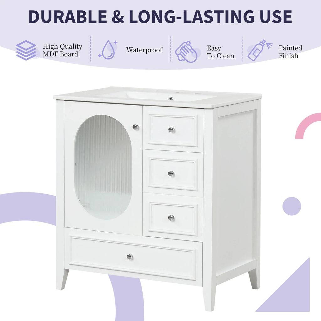White 30 inch eprolo bathroom vanity cabinet with sink, three drawers, and a glass door.