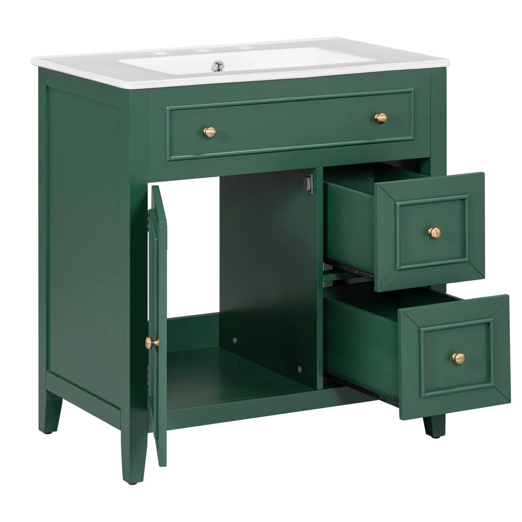 Green 30 inch eprolo bathroom vanity with white sink top, one door, and two drawers.
