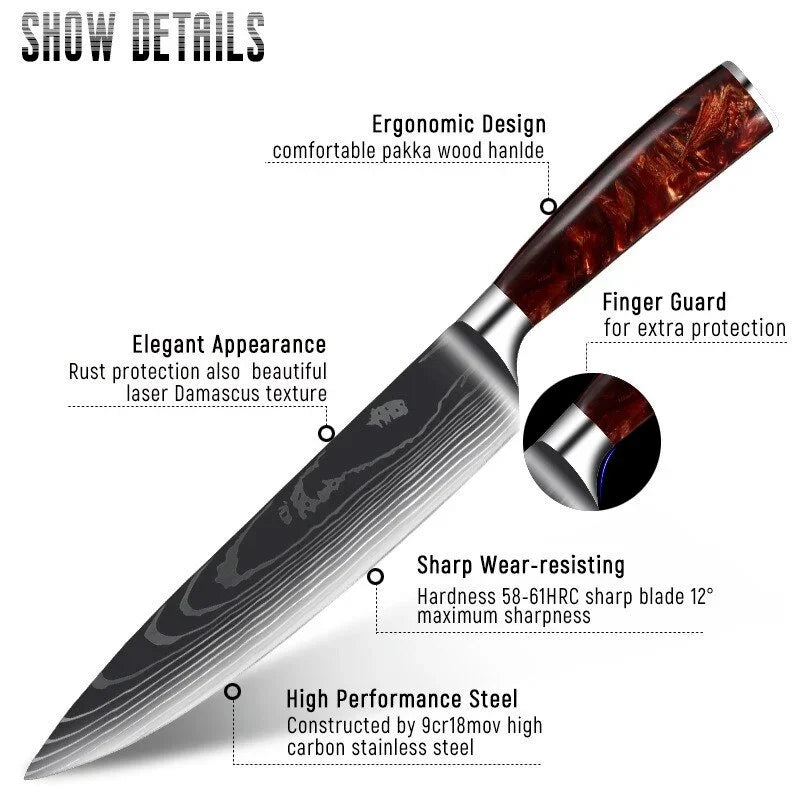 eprolo professional chef knife with Damascus pattern steel and ergonomic pakka wood handle