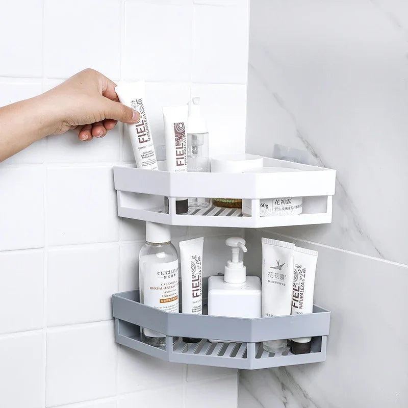 Eprolo no-punching corner bathroom storage rack holding skincare bottles and toiletries.