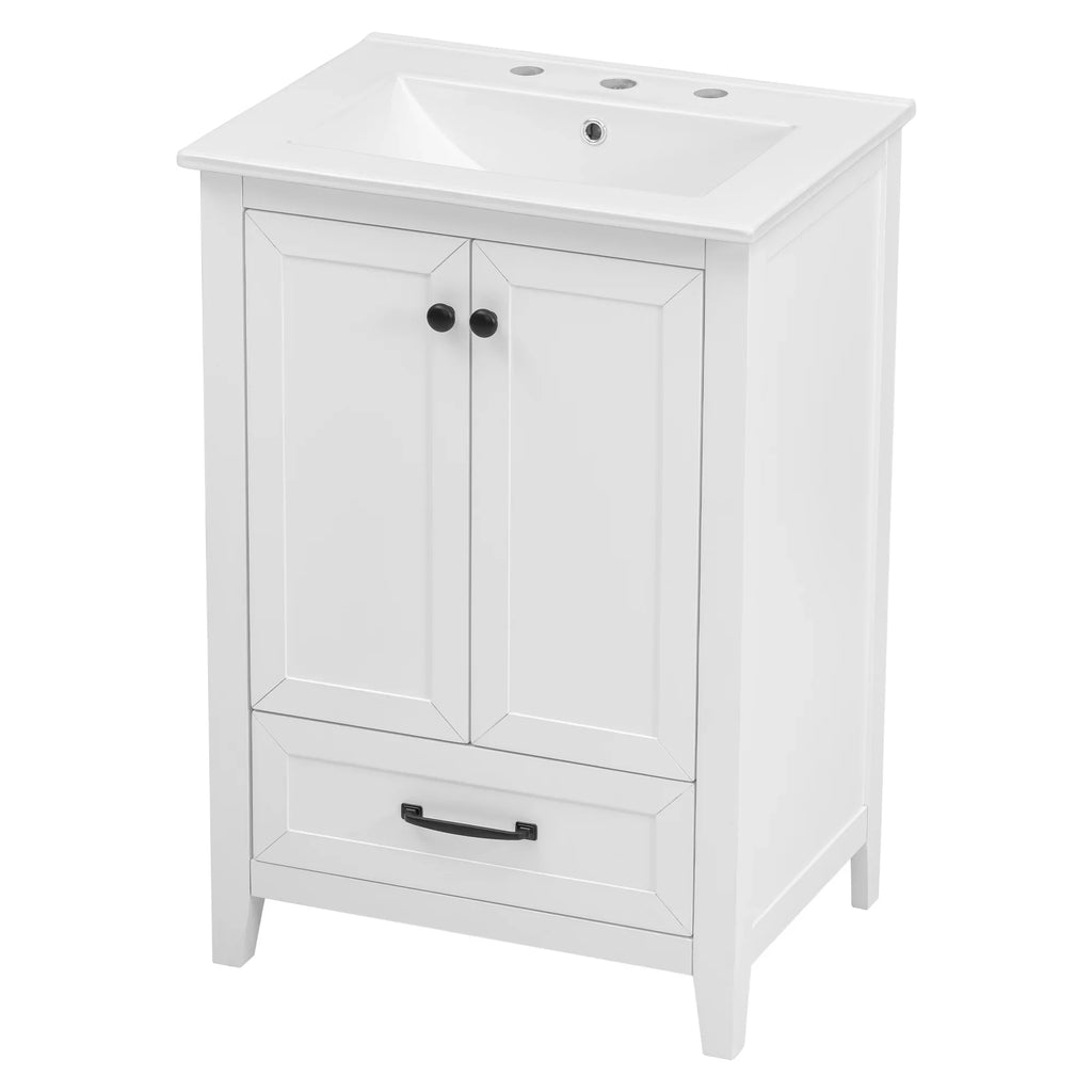 White 24 inch eprolo bathroom vanity cabinet with sink, one drawer, and two doors.