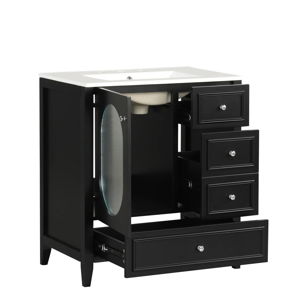 Black 30 inch eprolo bathroom vanity cabinet with white sink, three drawers, and open door.