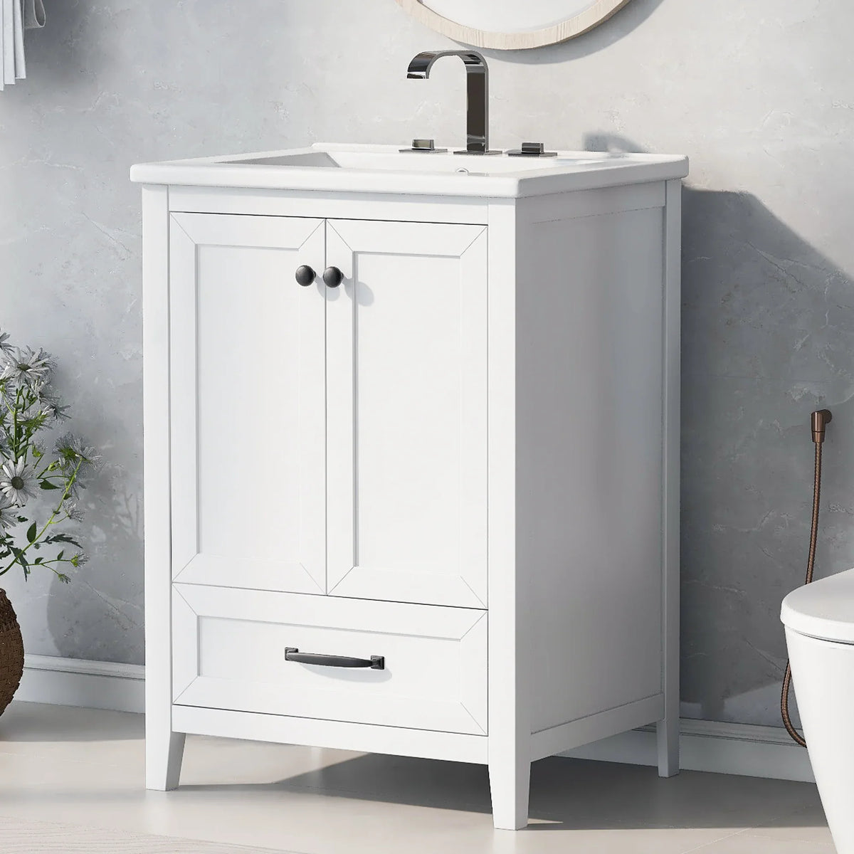 eprolo 24-inch white bathroom vanity with integrated sink, cabinet doors, and one drawer