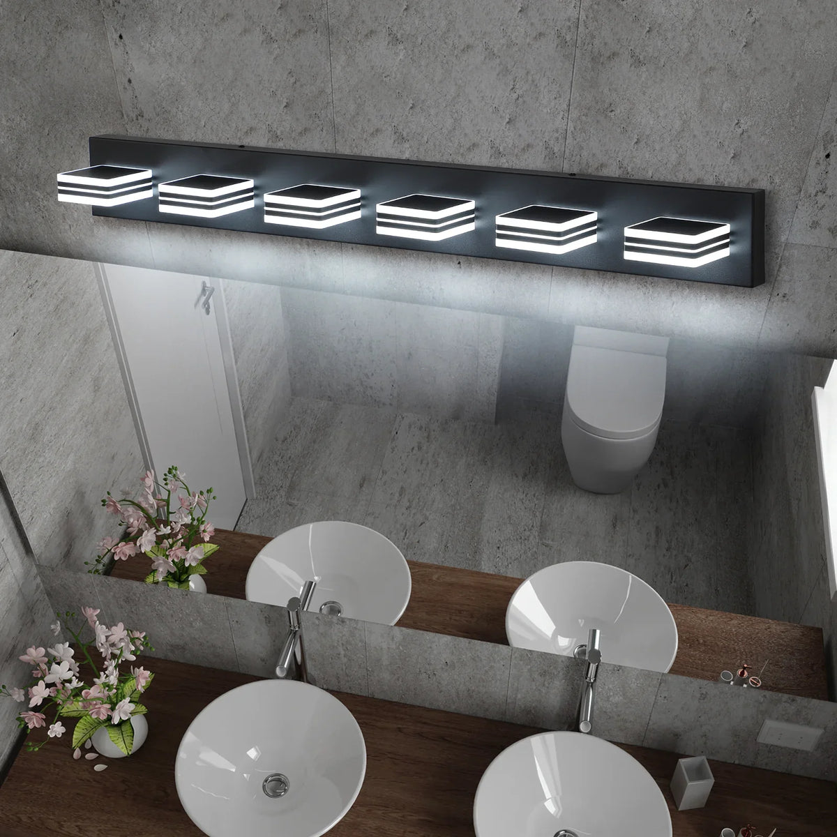 eprolo modern matte black 6-light LED vanity light fixture mounted over a bathroom mirror