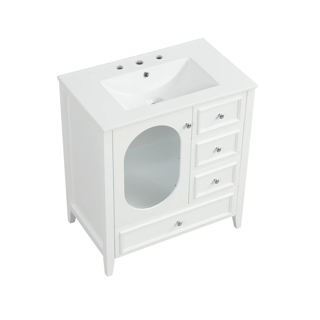 White 30 inch eprolo bathroom vanity with integrated sink, three drawers, and storage cabinet.