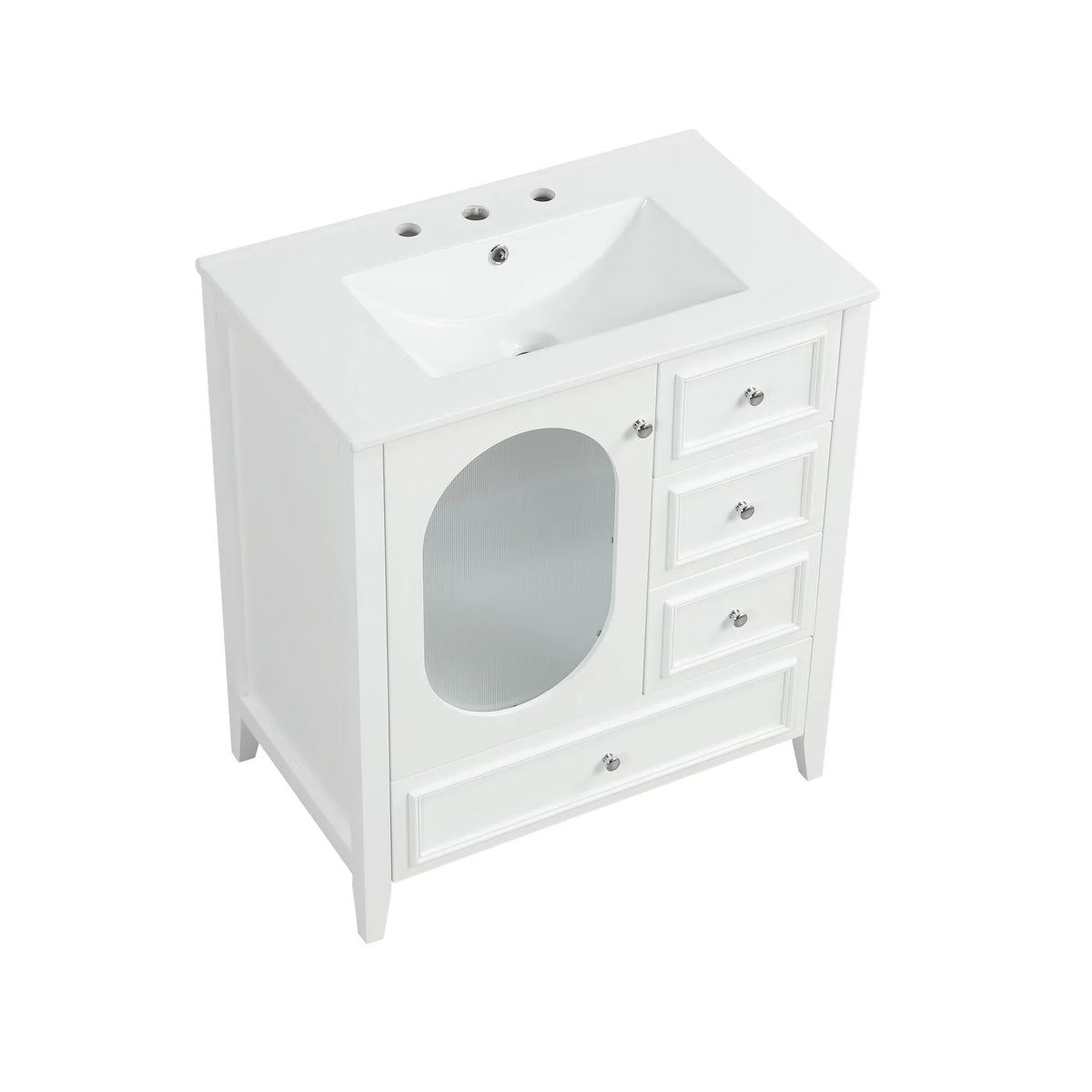 White 30 inch eprolo bathroom vanity with integrated sink, three drawers, and storage cabinet.