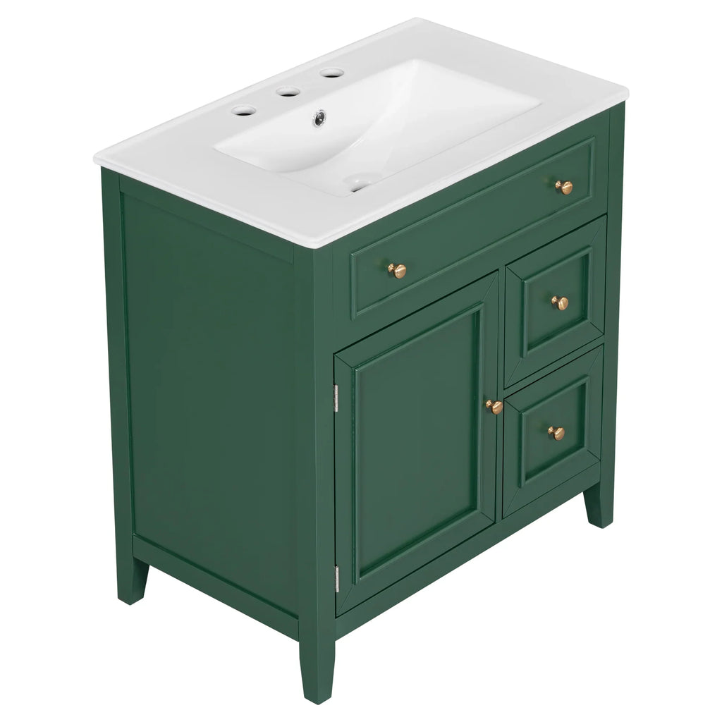 Green 30 inch eprolo bathroom vanity cabinet with white sink top and gold hardware