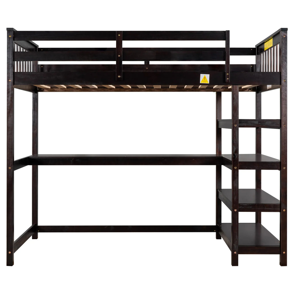 eprolo twin size loft bed in espresso with integrated storage shelves and under-bed desk
