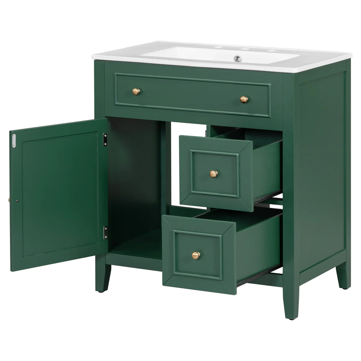 eprolo 30-inch green bathroom vanity with white sink top, open cabinet door and two drawers