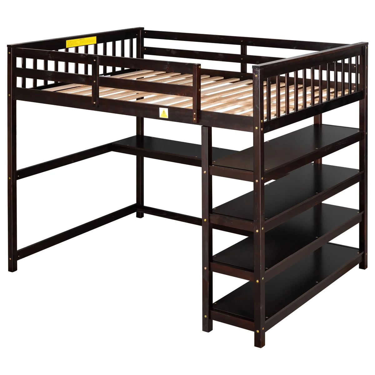 ePROLO Full Size Loft Bed in Espresso with storage shelves and under-bed desk