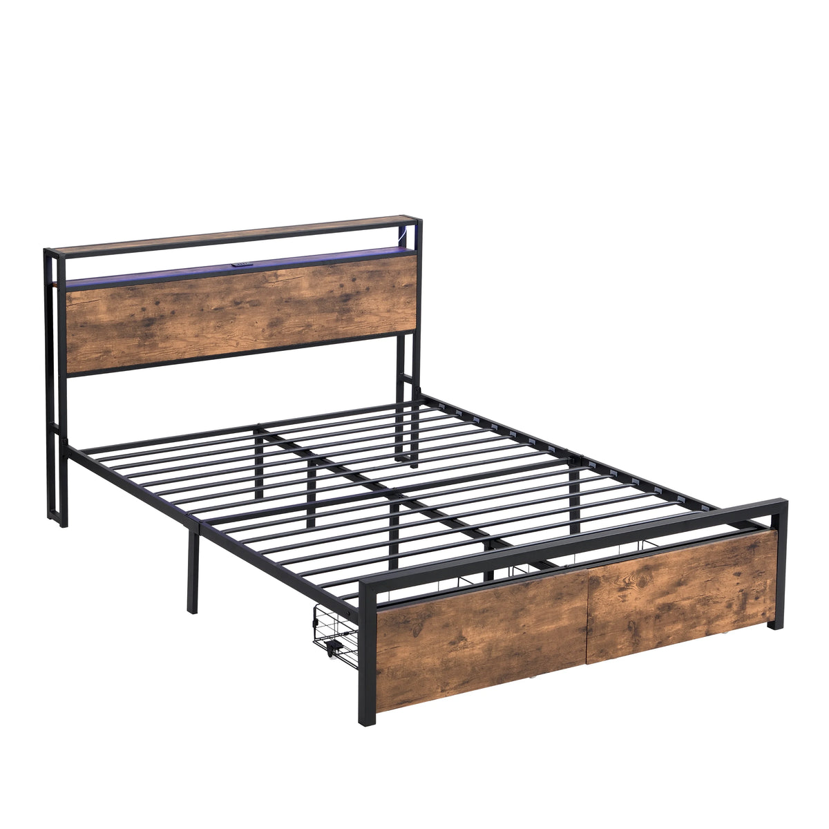 eprolo LED platform bed with storage headboard and under-bed drawers in black and brown wood