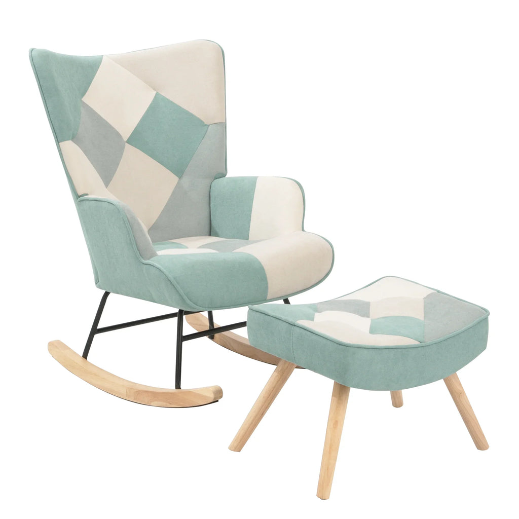 Mid-century fabric rocking chair with ottoman featuring a teal and cream patchwork pattern.