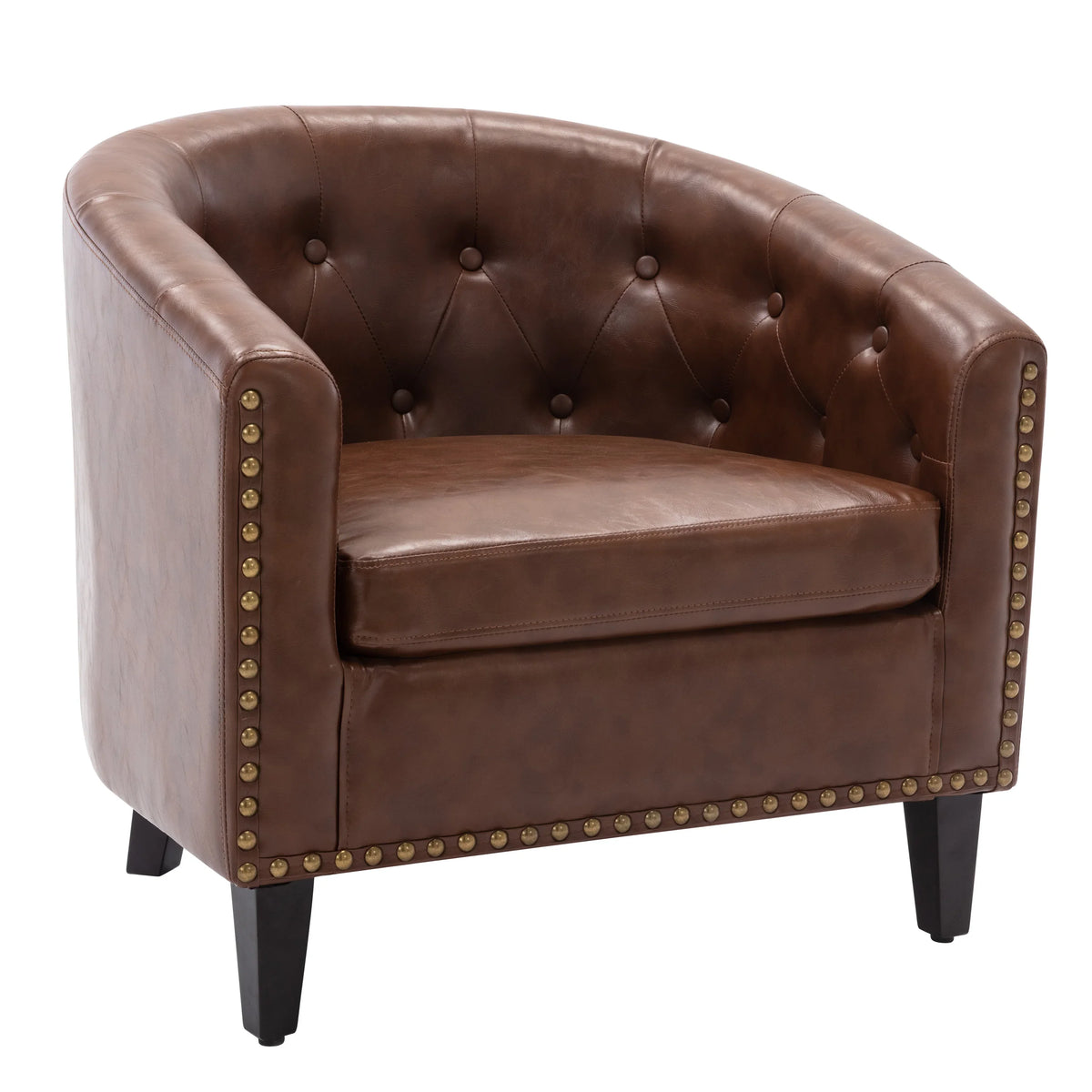 Brown PU leather tufted barrel chair with gold nailhead trim by eprolo